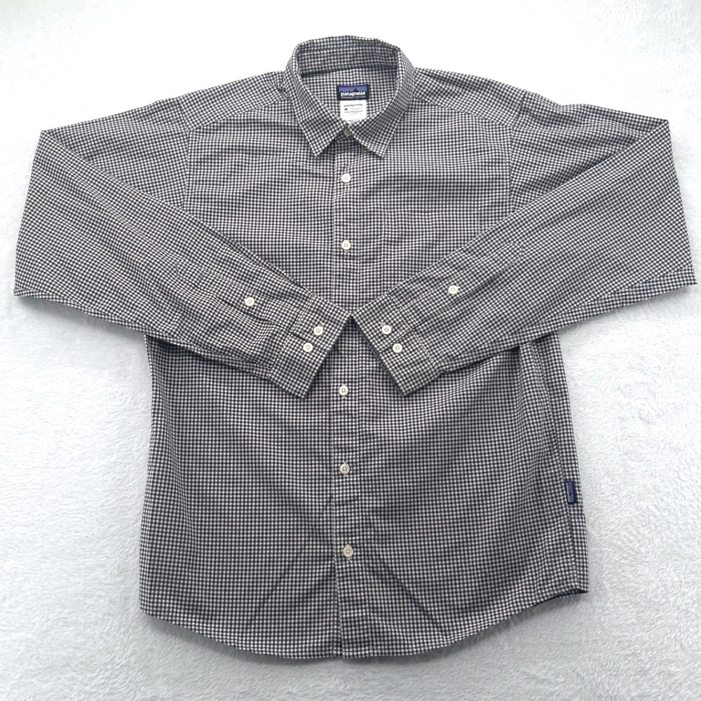 Patagonia Mens Button Down Shirt S Black White Gingham Organic Cotton Blend